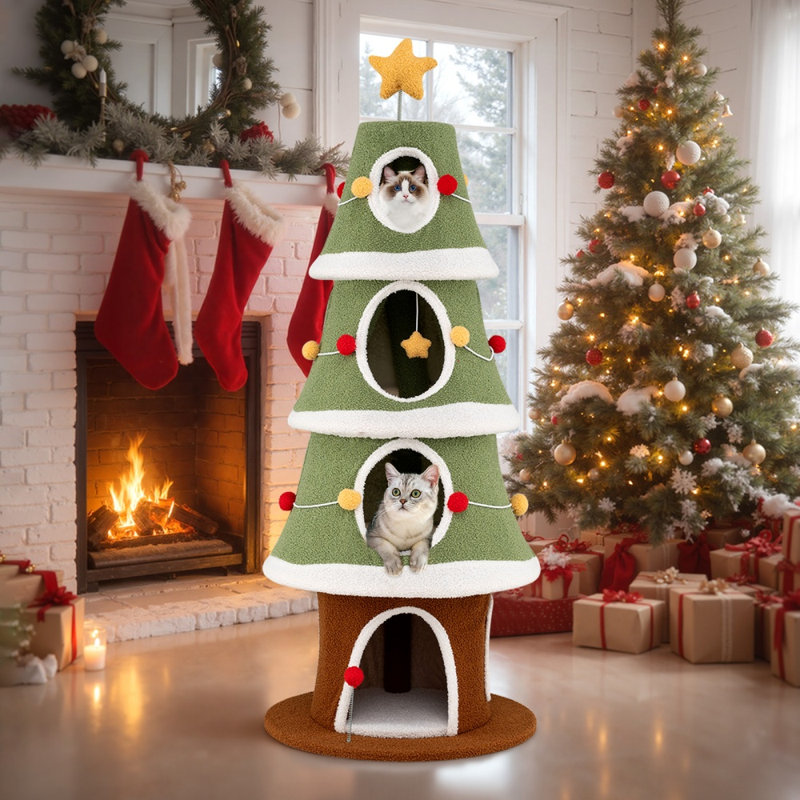Arbre à chat de Noël de 155 cm avec 4 niches et un griffoir en sisal