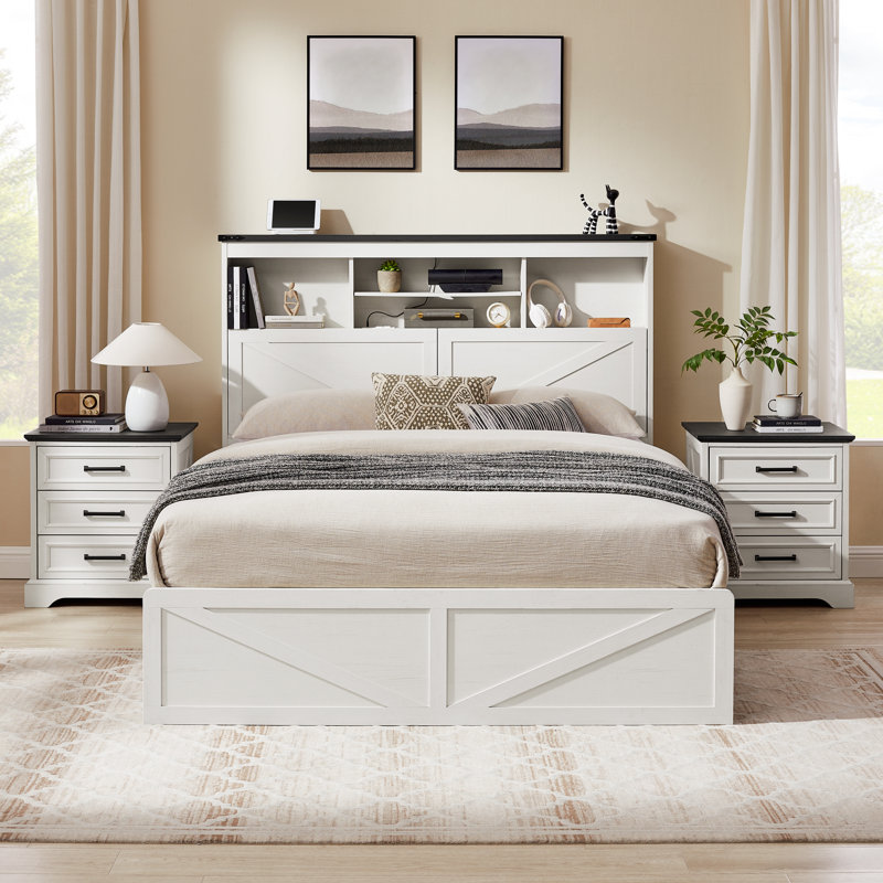 Farmhouse Queen Size Bed Frame With Charging Station And LED Light ,Wooden Queen Bed With 52" High Storage Bookcase Headboard, Wooden Slats & 4 Drawers