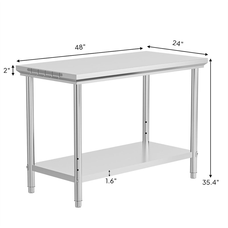 Silver Stainless Steel Kitchen Prep Table with Adjustable Undershelf and Hooks