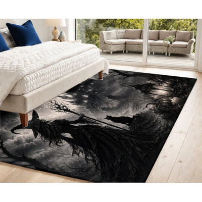 Tapis gothique de sorcière d'Halloween, chat noir effrayant, scène de château au clair de lune, conception de sorcellerie fantaisie sombre, tapis de sol d'intérieur thématique, décoration artistique pour le salon, la chambre à coucher, le coin-détente, la fête, la vie en appartement