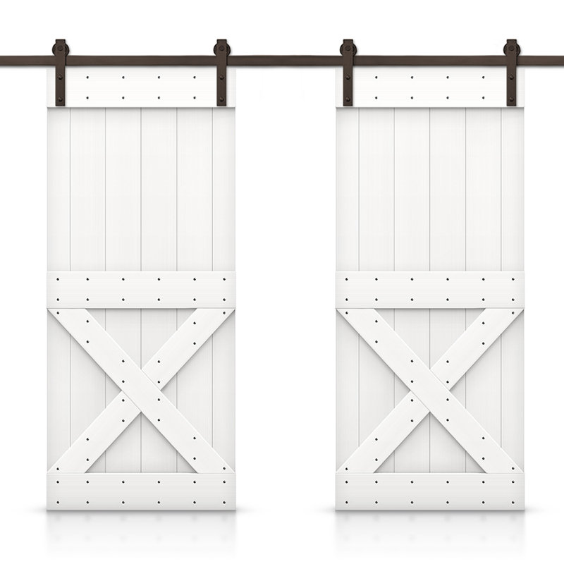 Porte de grange à panneaux et en bois avec quincaillerie d'installation, 92 po x 84 po, Blanc cassé