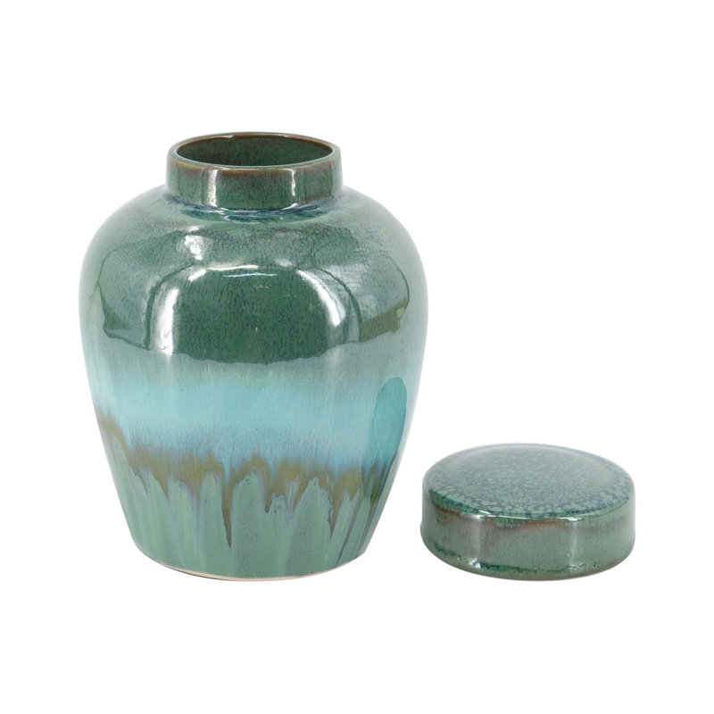D6x7.8" Round Ceramic Lidded Jar With Blue Reactive Glaze And Subtle Ridges