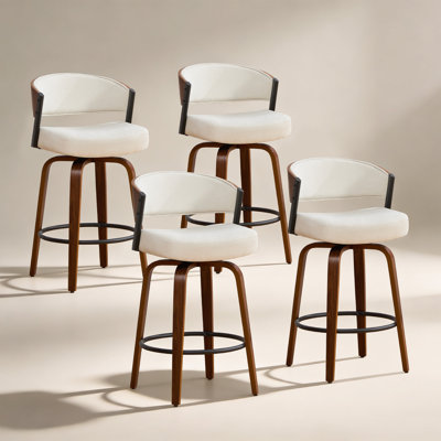 Mid-Century Modern Curved Bentwood Swivel Bar Stool With Upholstered Seat And Open Back Design
