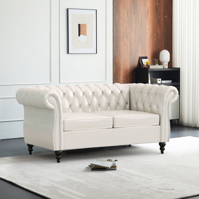 Taleke 62" Upholstered Sofa, White Faux Leather