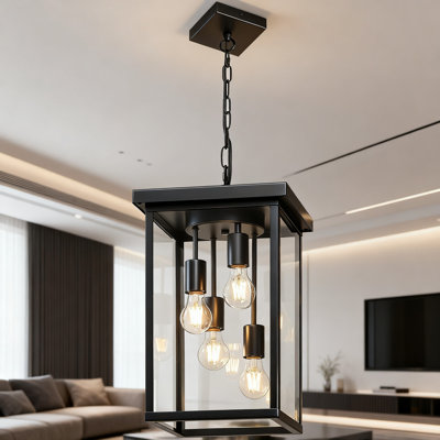 16 Inch 4-Light Outdoor Pendant Light With Clear Glass, Black Exterior Hanging Chandelier For Porch, Entryway, And Patio Ceiling