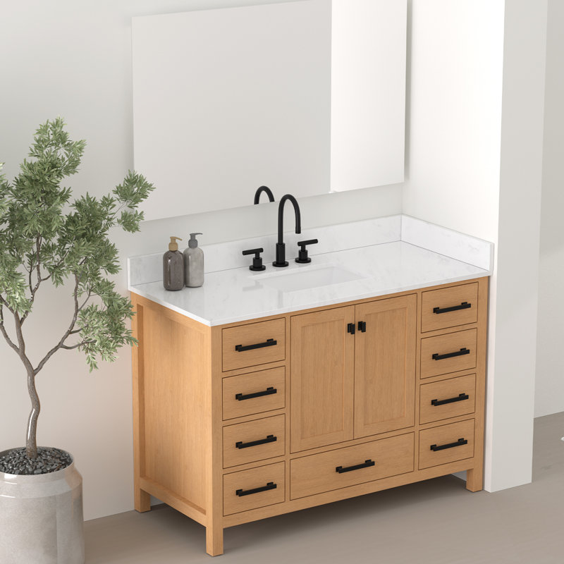 Comptoir de meuble-lavabo en quartz blanc 48 po avec lavabo en céramique, dosseret et éclaboussures latérales