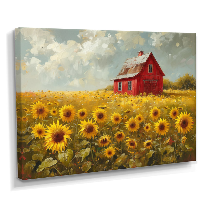 Décoration murale jaune tournesol brun avec une grange rouge - tournesols, Toile tendue, H 34 po x l 44 po x P 1,5 po