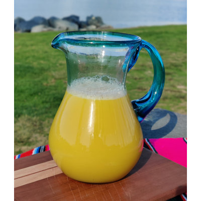 Dmytro Mexican Hand Blown Glass Pitcher - Aqua Rim And Handle (84 Oz)