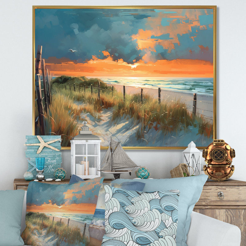 " Pathway To Beach Sunset ", 16" H x 32" W x 1" D, Gold Floater Framed