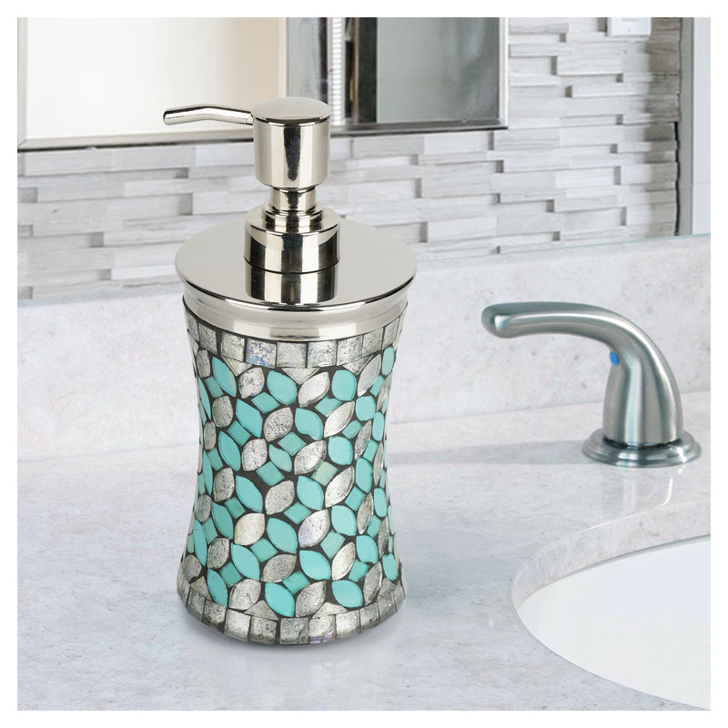 Distributeur de savon liquide en verre turquoise et argent avec mosaïque
