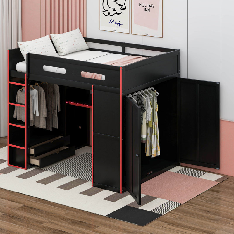 Full Size Wood Gaming Loft Bed With Built-In Desk, RGB LED Lighting, USB Port, Wardrobe & Storage, Red