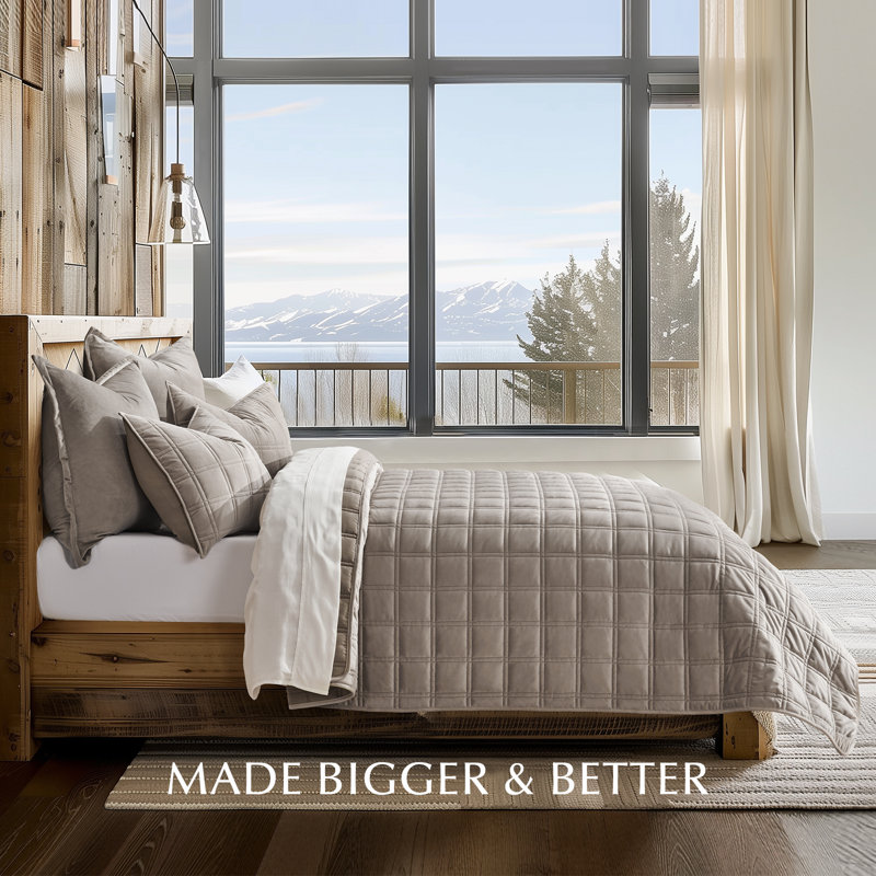 Double Box Stitch Velvet Quilt set, Mocha Brown, Queen Quilt + 2 Queen Shams