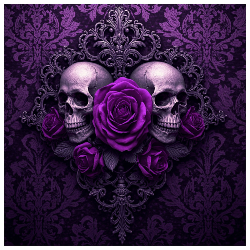 Édredon mauve avec têtes de mort et roses, Très grand lit
