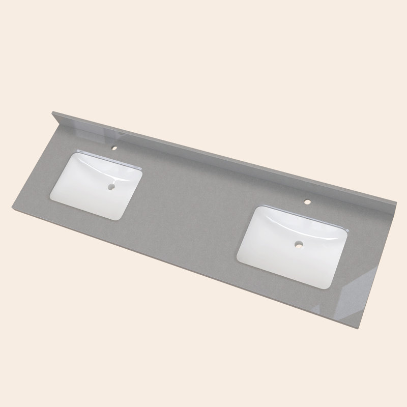 Évier intégré double 72 po x P 22 po en pierre reconstituée avec dosseret gris marbré de 4 po