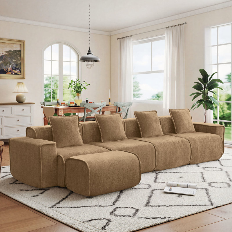 5-Seat Modular L Shape Velvet Sectional Compression Sofa, No Assembly Required with French Edge Piping, Velvet - Brown