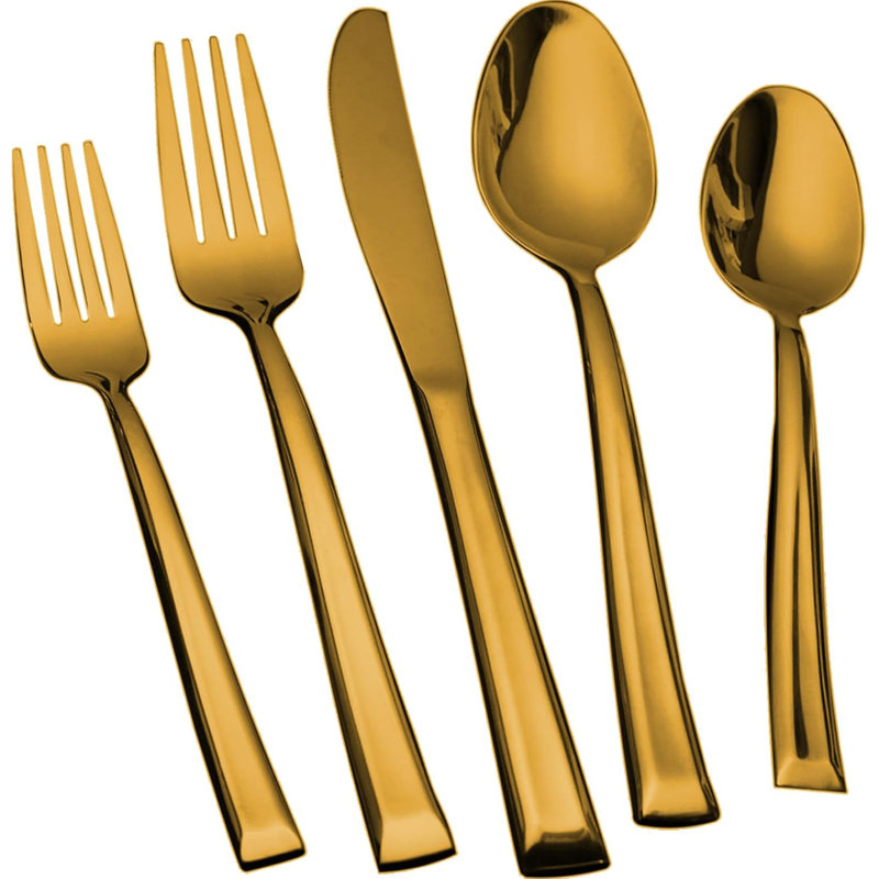 Ensemble de couverts 20 pièces Modern Mirror Gold en acier inoxydable, poignée biseautée, va au lave-vaisselle, service pour 4