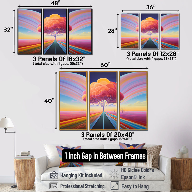 «Pastel Country Road Pink Majestic Tree Sunset», ensemble d'art mural paysage abstrait, Cadre flottant noir