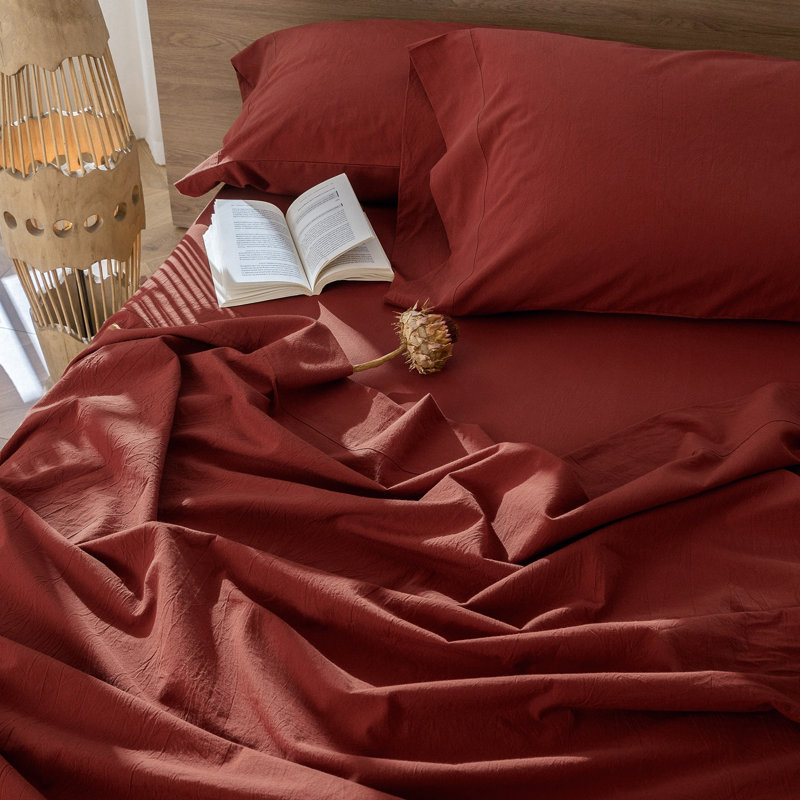 Ensemble de draps MooMee, Ensemble de draps pour grand lit avec 2 taies d'or, Rouge brique à feu
