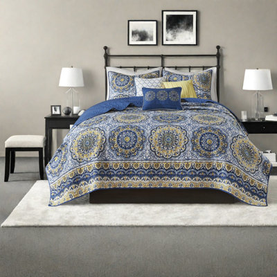 Ensemble de literie réversible 6 pièces avec coussins décoratifs, mélange de coton, motif floral bleu moderne pour très grand / très grand californien