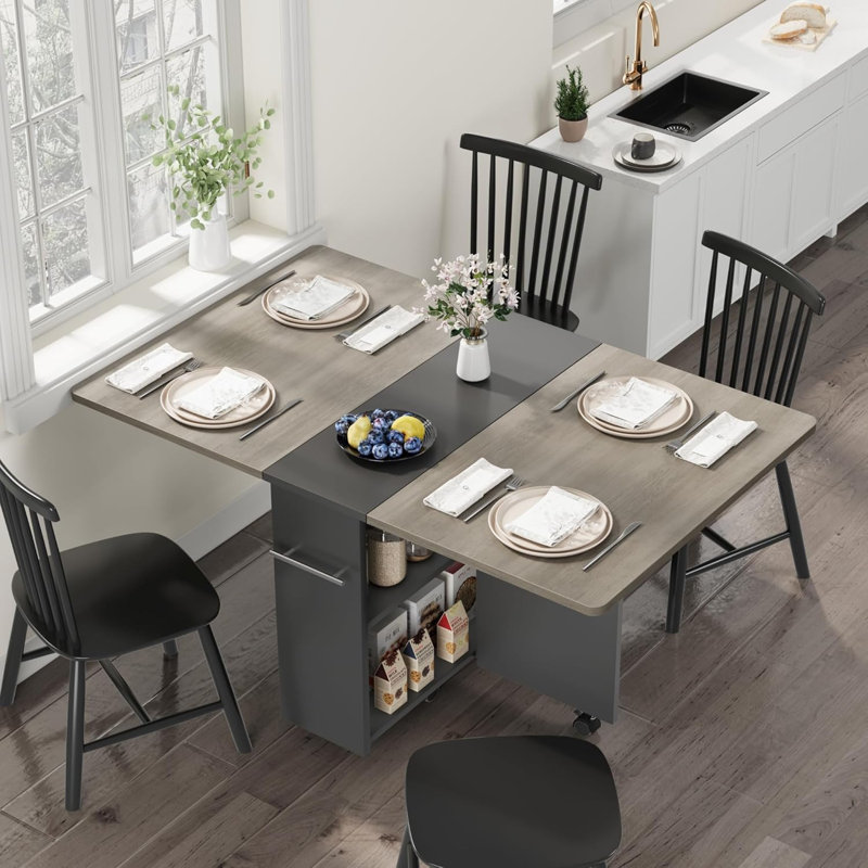 Table de salle à manger à rallonge rabattable avec tablette de rangement à 2 niveaux et 6 roulettes verrouillables, pour 4 à 6 personnes, bureau pliable peu encombrant pour la cuisine, la salle à manger et le petit appartement, gris Carlo