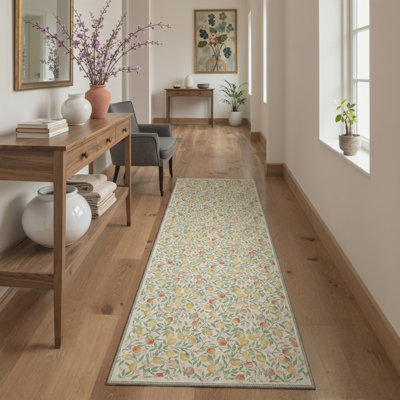 Fruition Floral Machine Washable Warm Ivory Indoor Area Rug With Non-Slip Backing