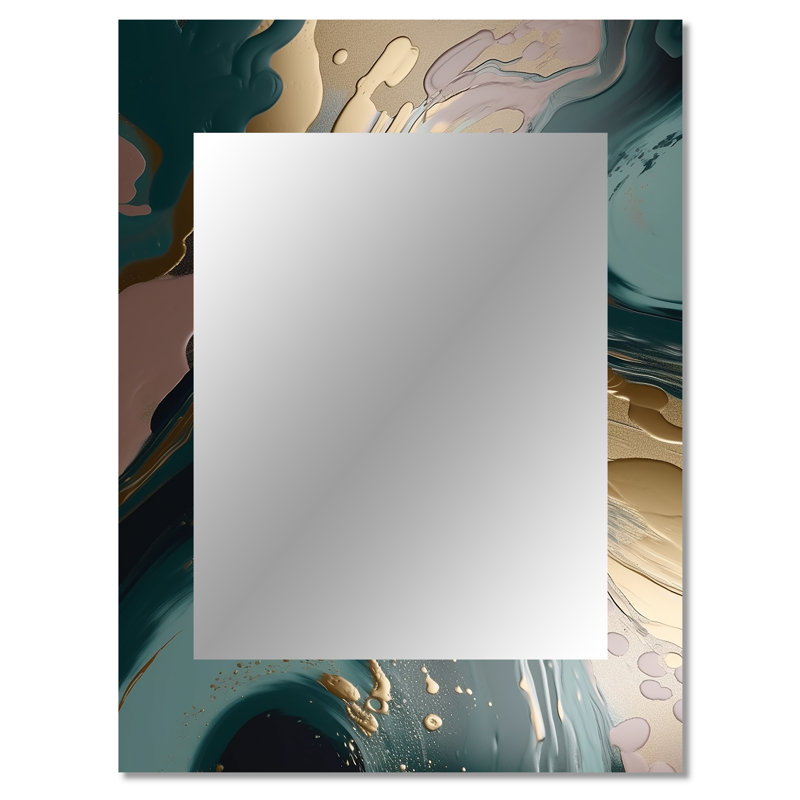 Harmonie de marbre abstrait doré et vert tourbillonnant III - miroir décoratif en marbre, miroir mural moderne, impression d'art en métal