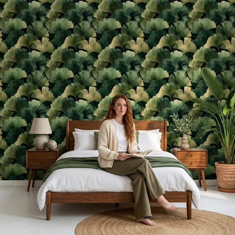 Papier peint botanique foncé avec feuilles de ginkgo et feuillage vert amovible, Peler et coller