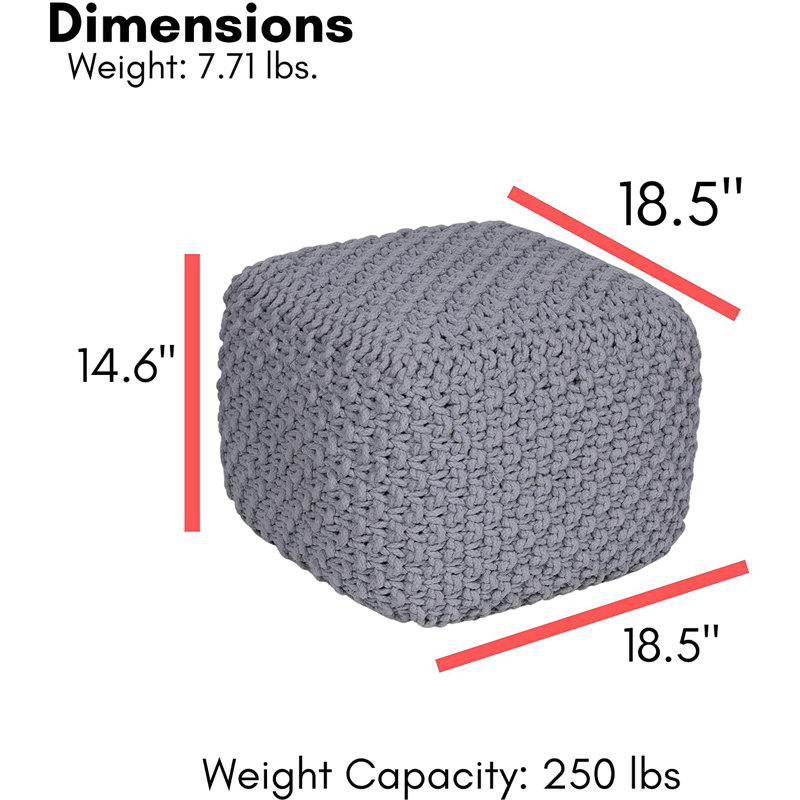 Gray Hand-Knitted Cotton Square Pouf Ottoman