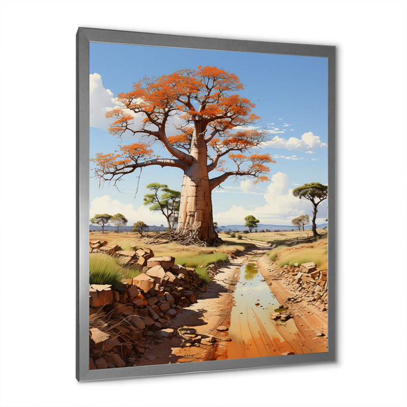 Art africain sur toile, "Baobab africain", Cadre simple argenté, H 44 po x l 34 po
