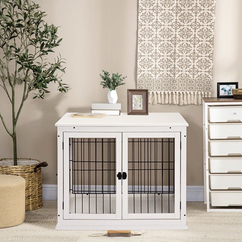 Table de bout petite cage pour chien, porte verrouillable, deux ouvertures, décoratif, blanc