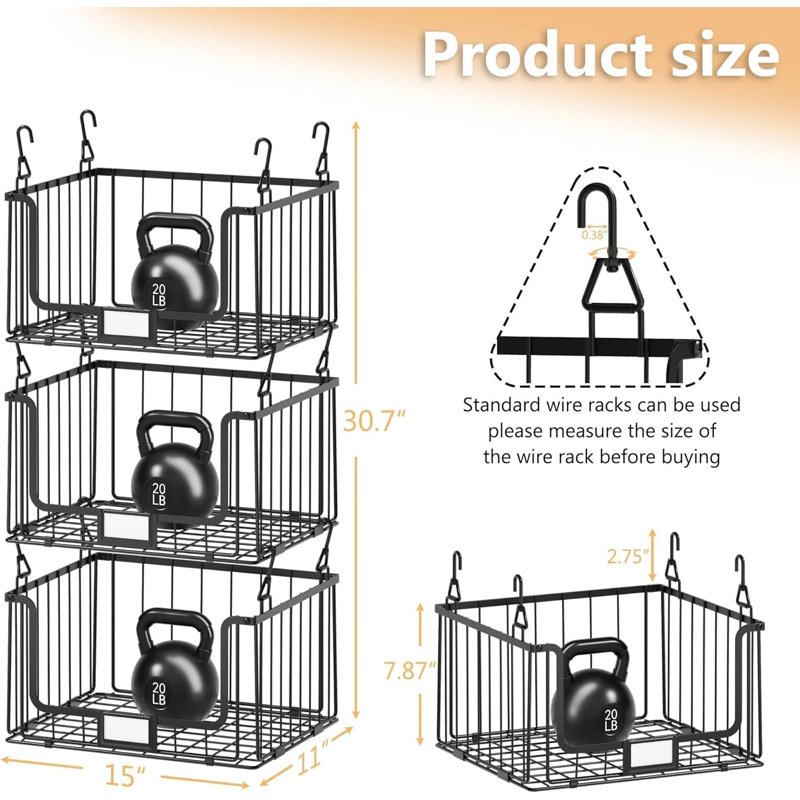 3-Pack Hanging Laundry Organizer, Stackable Wire Shelf Storage with Label Cards