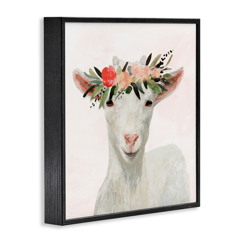 «Springtime Flower Crown Baby Goat», impression, Giclée encadrée noir minuit, H 12 po x l 12 po