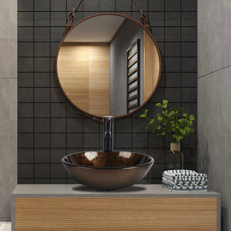 Metro Lane 42mm L x 42mm W Natural Glass Oval Sink with Tap, Brown