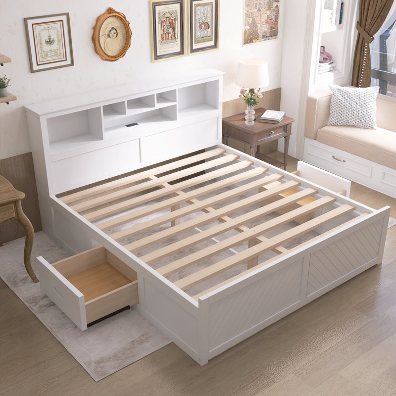 Lit plateforme en bois avec tête de lit multi-rangement, USB et tiroirs, Blanc