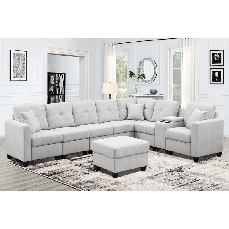 Canapé modulaire à 7 places en gris, microfibre veloutée, motif de peau, deux porte-gobelets et structure en bois massif, tissu en velours doux, coussins à haute densité, utilisation prolongée, supports, support