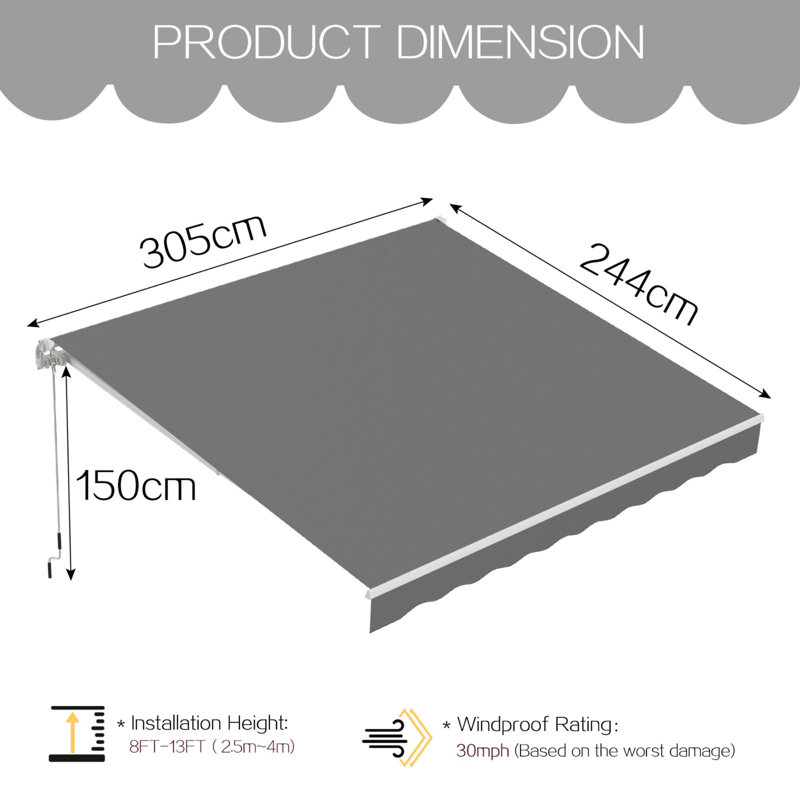 Retractable Patio Awning, Grey, 305cm W x 244cm D