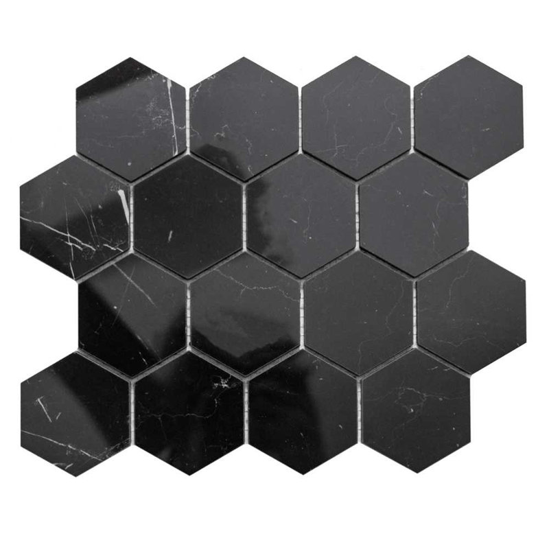 Stately Hex 11" x 14" Porcelain Novelty Marble Look Wall & Floor Tile, Marquina Black