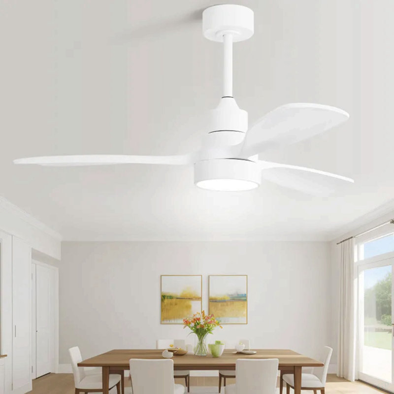 Ventilateur de plafond 48 pouces avec 3 pales en bois massif et télécommande, Blanc, Blanc