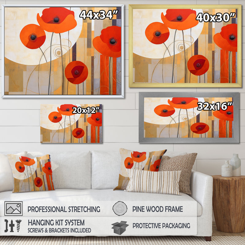 " Bold Orange Cubic Flowers ", Gold Single Picture Framed, 16" H x 32" W x 1" D