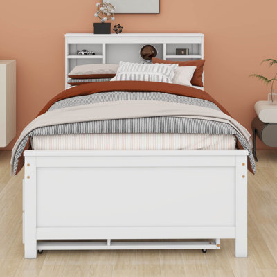 Lit plateforme simple, 3 tiroirs de rangement et tête de lit bibliothèque avec prises USB, cadre de lit de rangement simple en bois