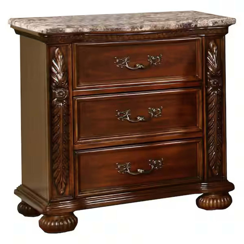 Table de chevet formelle traditionnelle à 3 tiroirs avec plateau en faux marbre, table de chevet en bois massif sculptée à la main, cerisier