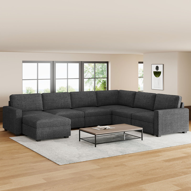 U-Shaped Stoarge Sofa Convertible Oversized Livingroom Couch, Black Chenille
