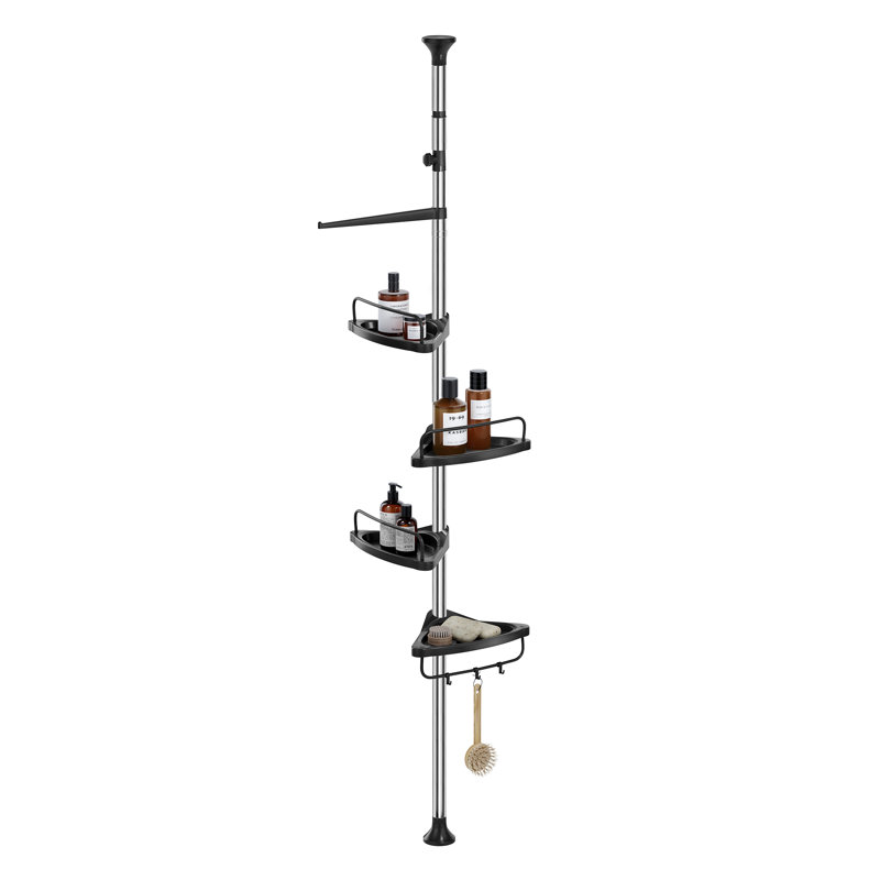 Telescopic Corner Shower Caddy 95 300 cm Stainless Steel 4 Shelves 3 Hooks 1 Towel Bar Bathroom Storage, Black