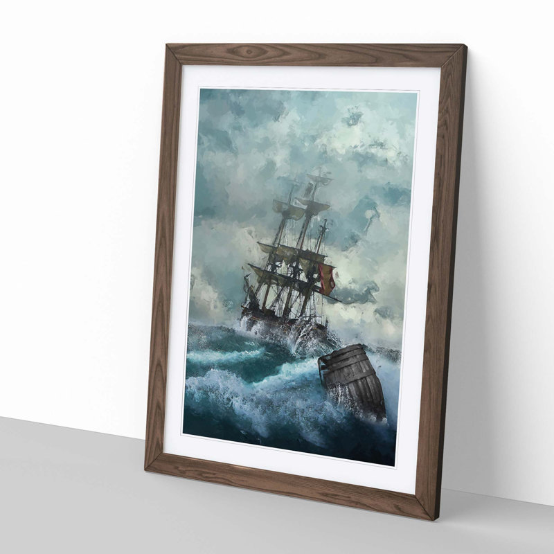 Pirate Ship upon a Stormy Sea - Picture Frame Graphic Art Print on MDF, 60cm H x 40cm W x 2cm D, Walnut