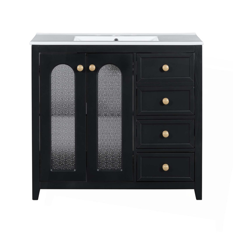 Meuble-lavabo de 36 pouces avec deux portes à fermeture douce, des tablettes réglables et trois tiroirs, Noir