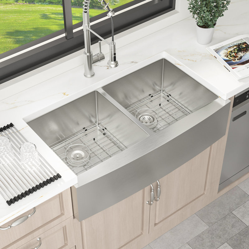 33" L x 21" W 50/50 Double Bowl Farmhouse / Apron Kitchen Sink Stainless Steel Sink with Sink Grid and Basket Strainer