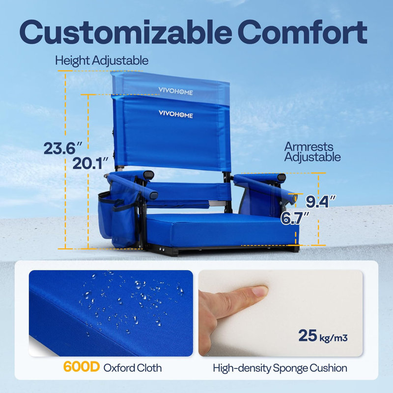 Sièges de stade à hauteur réglable avec dossier haut et coussin (ensemble de 2), Bleu