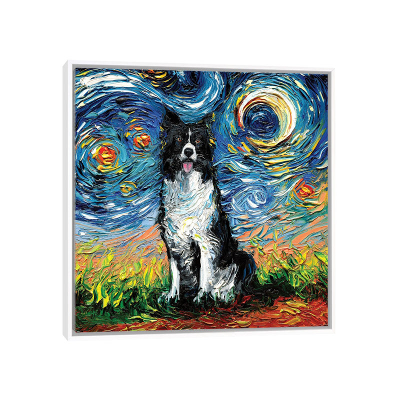 Reproduction d’art « Border Collie Night II » par aja Trèves, H 18 po x l 18 po x 1,5 po, Toile blanche encadrée