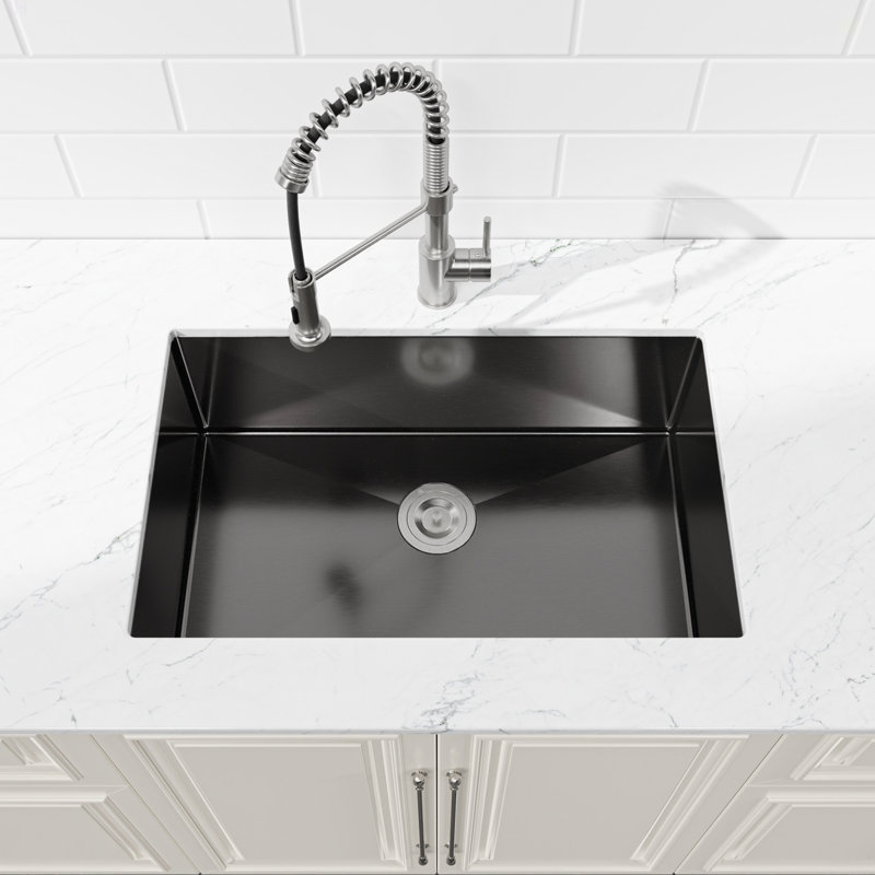 Évier de cuisine en acier inoxydable, cuve simple 30 po x 19 po, encastré à la main en noir, avec bonde et crochet standards américains