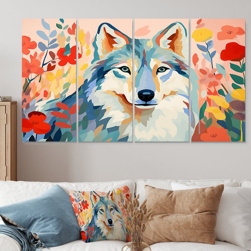 Impressionniste impressionnant loup coloré II - loup, art mural 4 pièces, H 32 po x l 64 po